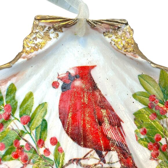 Hand Painted Red Cardinal Ornament Trinket Dish Sea Scallop Shell Holiday Gift - Picture 5 of 10